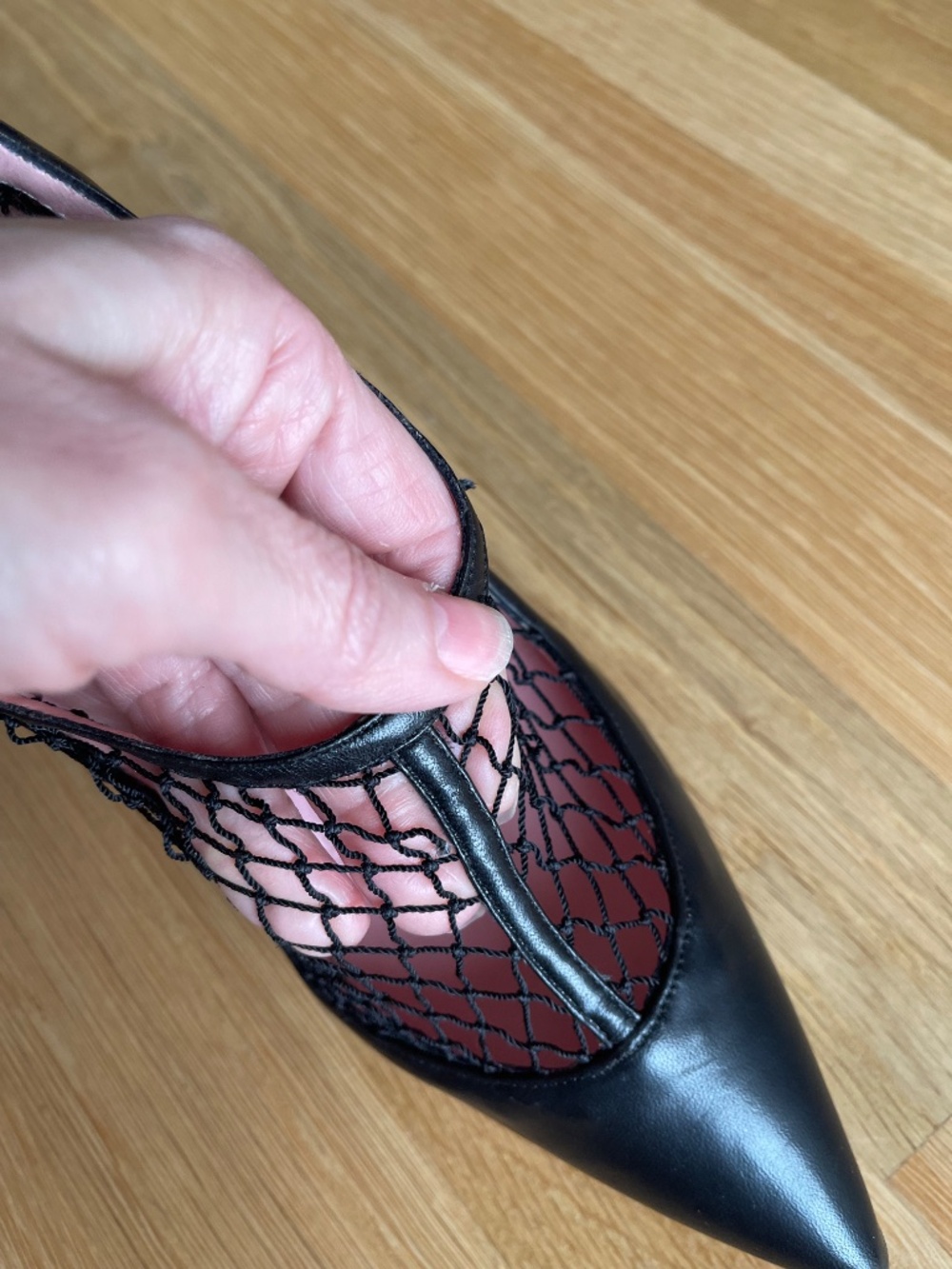 Manolo Blahnik Galura Black Leather Heels, Fishnet Uppers, Size US 4.5, EU 34.5 - Picture 12 of 13